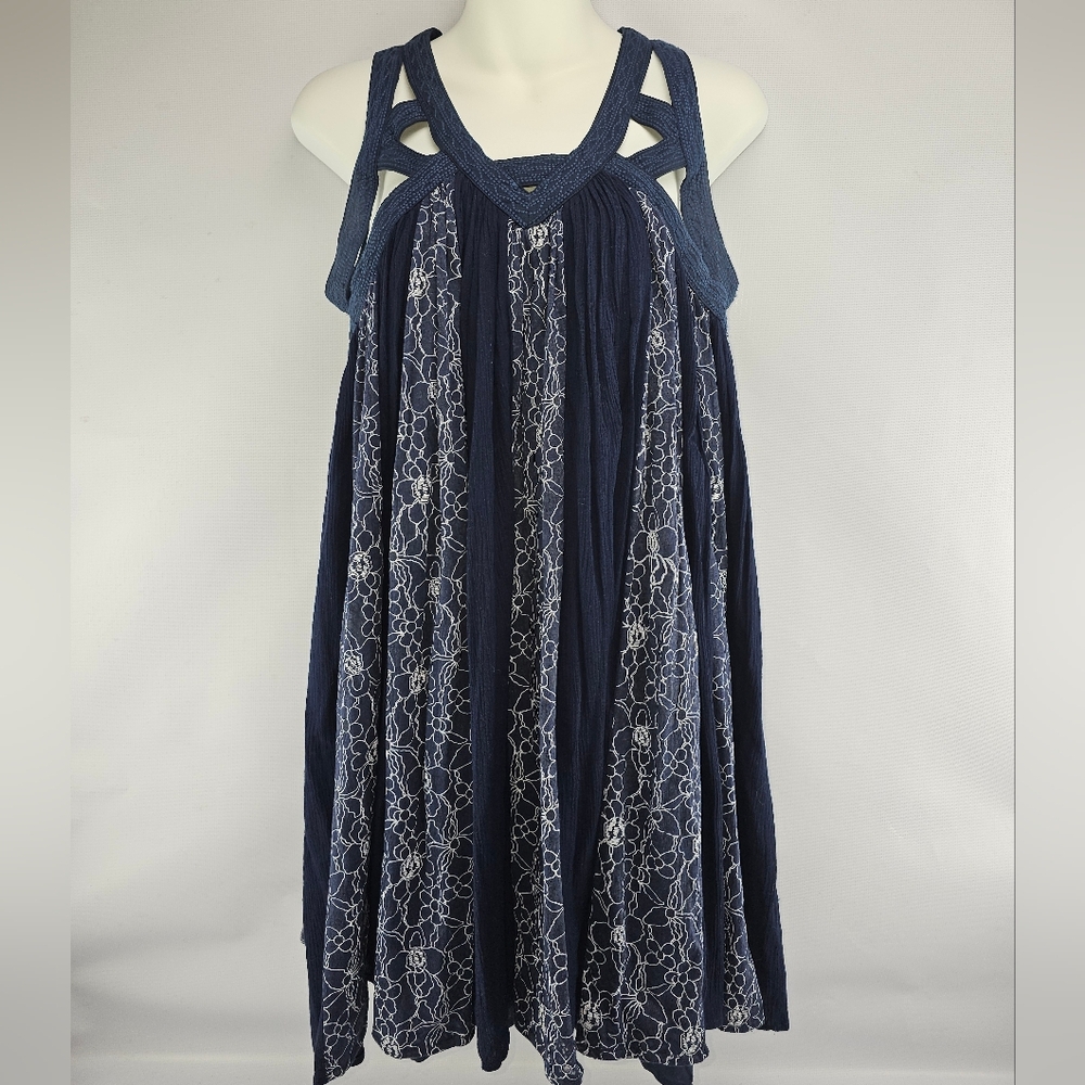 Esley Bohemian Flowy Midi Dress with Lattice Straps Navy Small